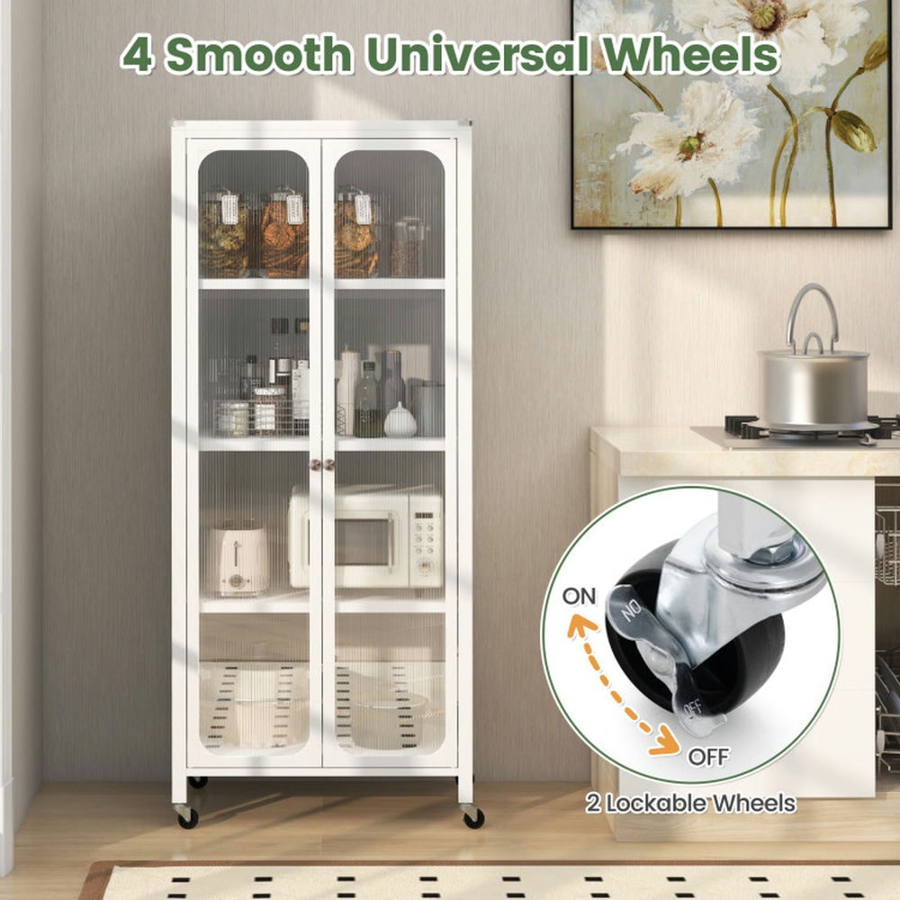 Finihen Storage Cabinet, Glass Doors Storage Cabinet with Wheels and Adjustable Shelves, for Living Room, Bedroom, Entryway, White