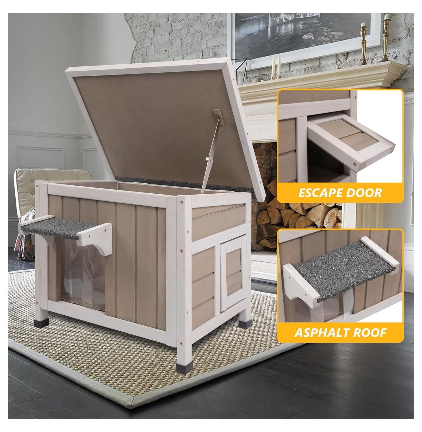 Insulated Cat House Outdoor, 22.44" Weatherproof Feral Cat Shelter, Winter Cat Enclosure with Asphalt Roof & 2 Escape Doors, Small Cats, Grey