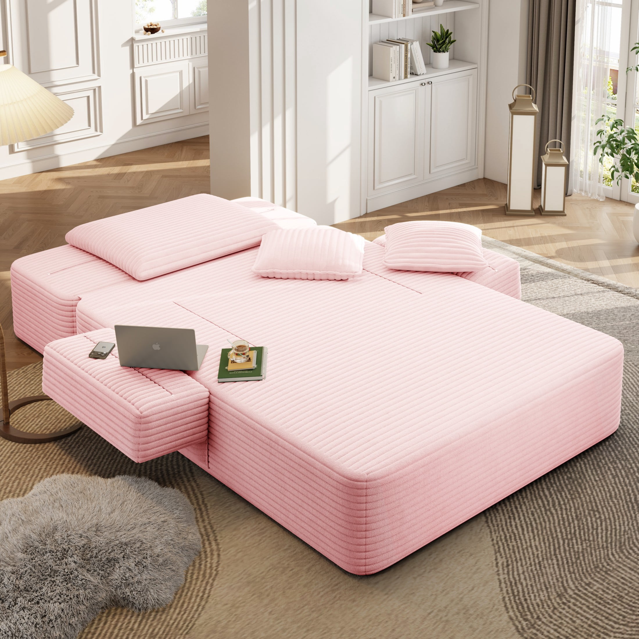 Aukfa Chaise Lounge Chair Indoor, Oversized Corduroy Boneless Sleeper Sofa Bed with Storage Pockets, Adjustable Backrest&3 Pillows, Reading Couch for Living Room Apartment, Pink