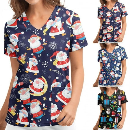 

Wirziis Christmas Costumes for Women Nursing Scrub Tops Christmas Printed Working Uniform Short Sleeve V-Neck Workwear Blouse T-shirt with Pockets