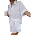 thumbnail image 5 of Caoirhny Women Casual Clothes Set Summer Solid Color 3/4 Sleeve Button-up Shirts Tops and Drawstring Shorts Outfits, 5 of 9