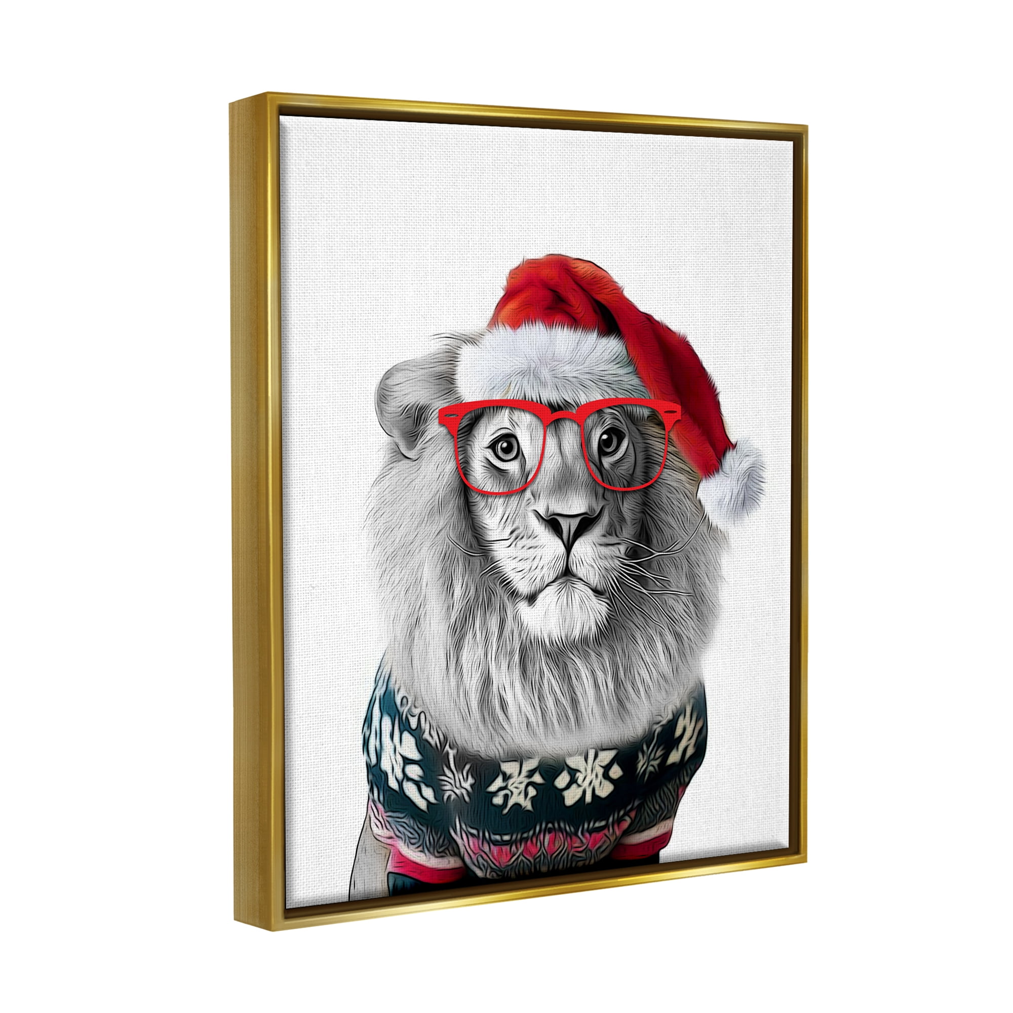 Stupell Industries Lion in Christmas Sweater Holiday Painting Gold Floater Framed Canvas Art Print Wall Art, 17 x 21
