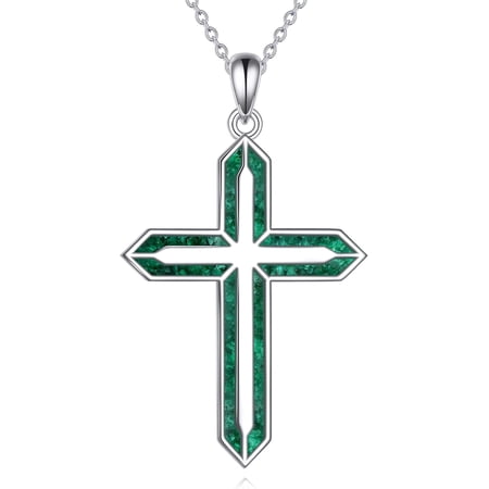 YAFEINI Religious Cross Pendant Necklace Sterling Silver Green Malachite Cross Pendant Jewelry Gifts for Women Men