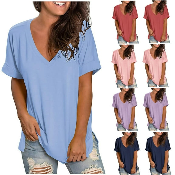 Fesfesfes Winter Tops Women's Fashion Gradient Printed Blouse V-neck Short Sleeve Loose T-shirt Tops Lace Top 10(XL)