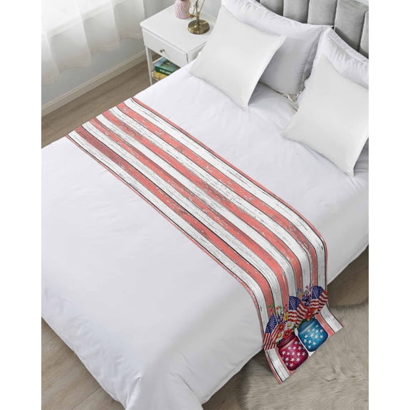 Xipuska 4th of July Bed Runners for Queen Size Bed, Decorative Bed Throws for Foot of Bed, Independence Day Red Striped Floral Bed Runner Sofa Throw Bedding Scarf Protector Slipcover for Bedroom