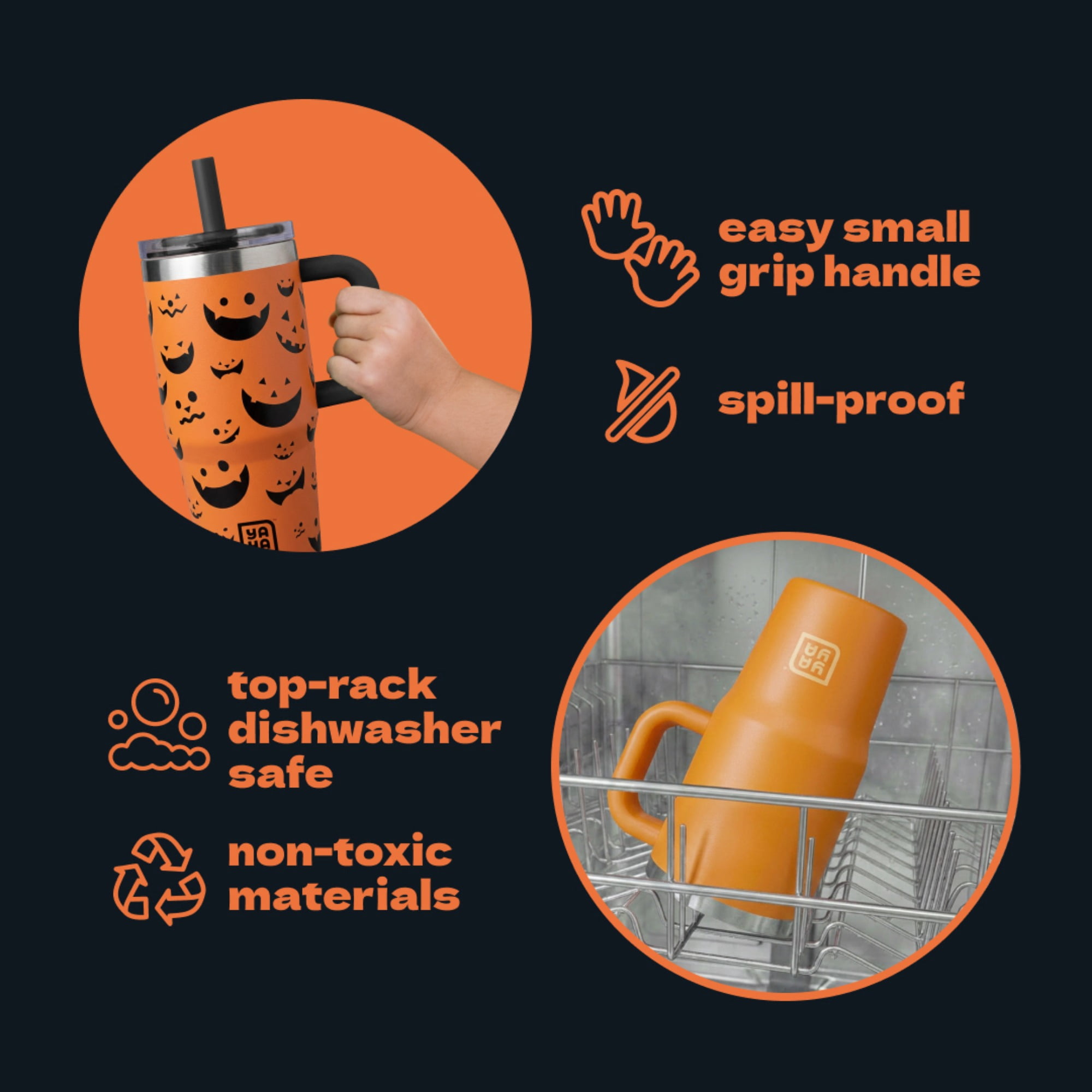 YAYA My First Travel Tumbler for Preschool & Kids 3+, Insulated Stainless Steel Tumbler with Reusable Silicone Straw & Spill-Proof Lid, Cup Holder Compatible, BPA-Free, 12oz, JackOLantern