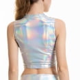 thumbnail image 4 of Kaerm Women's Stretchy Sleeveless Party Liquid Shiny Metallic Holographic Club Crop Tank Top Silver B XXL, 4 of 6