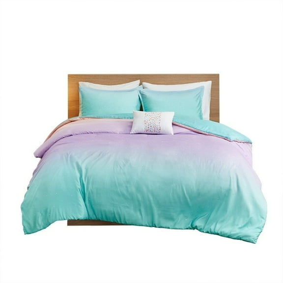 Gracie Mills Dagny Ombre Glitter Reversible Duvet Cover Set Aqua Blush Purple