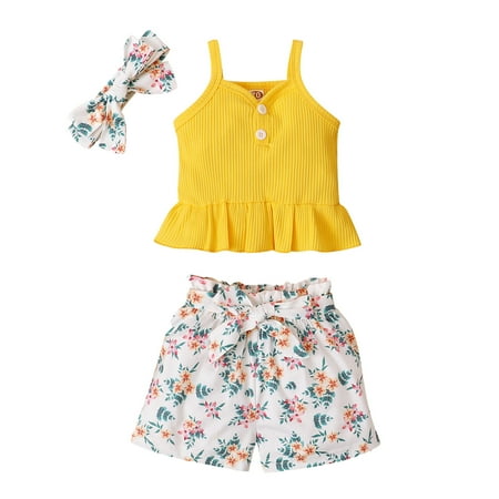 

Fesfesfes Infant Baby Girls Solid Suspender Tops+Floral Printed Shorts Headbands Outfits