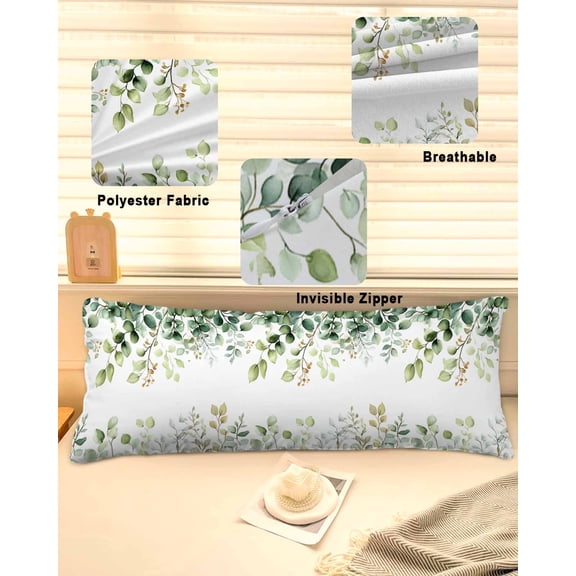 Eucalyptus Throw Pillow Covers, Sage Green Brown Leaf Boho Minimalist White Soft Breathable Pillow Cases with Zipper for Sleeping, Long Body Pillowcases for Couch Bed Sofa Chair 20x60 Inches