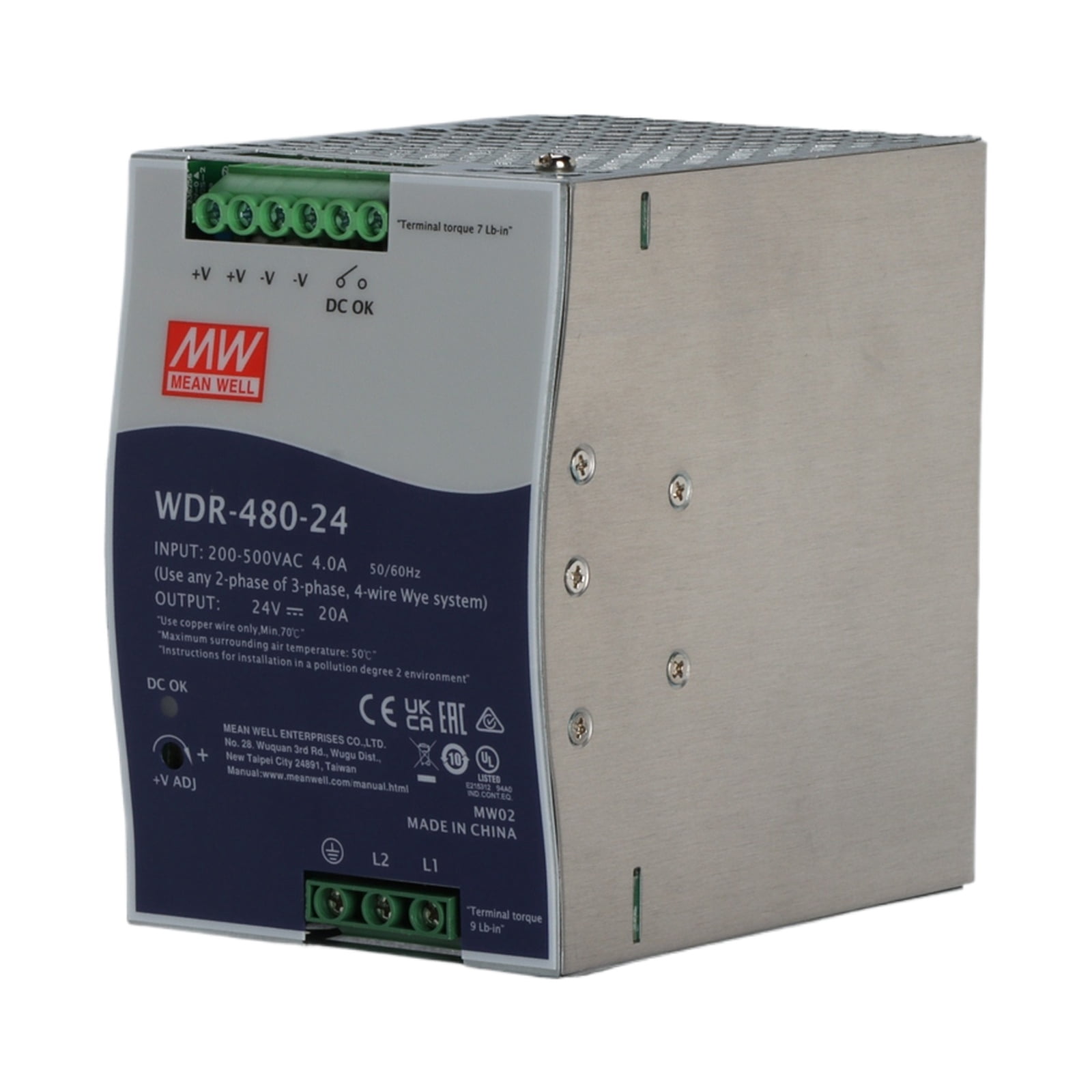 Feedannce 24V 20A 480W Industrial DIN Rail Switching Power Supply,  MEAN WELL WDR-480-24