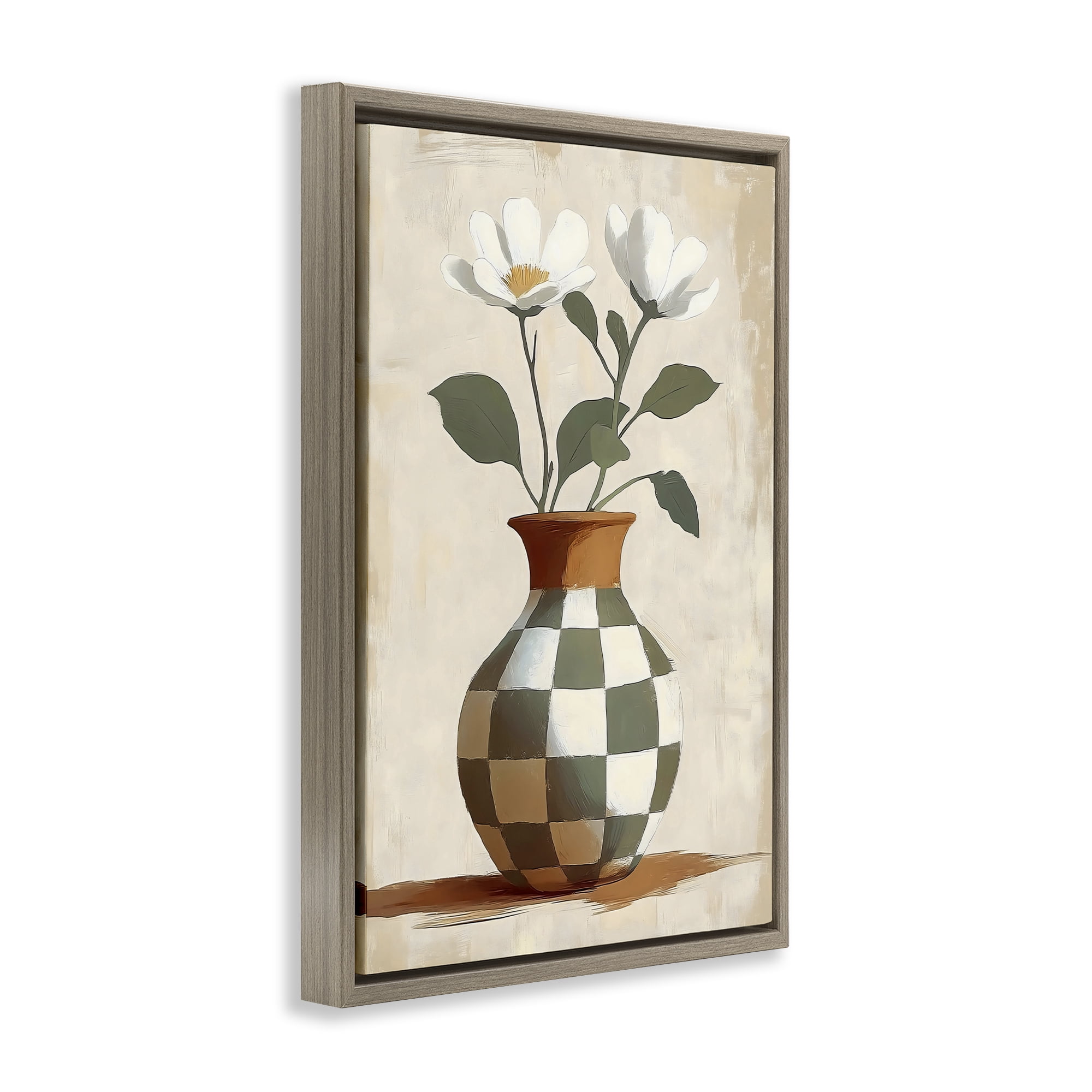 Stupell Industries Checkboard Green Flower Vase Brown Framed Floater Canvas Wall Art, design by Creative Studio