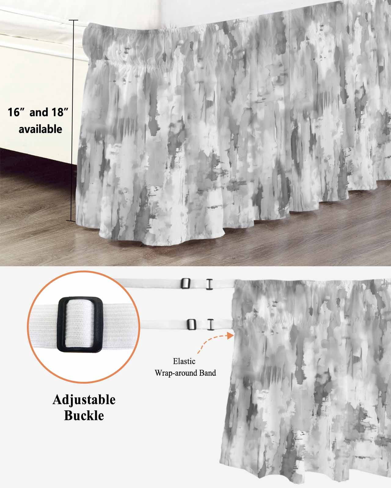 Grey Abstract Wrap Around Bed Skirts for Queen Bed 18" Drop,Bed Skirt with Adjustable Elastic Belt Dust Ruffle Bed Valance for Bedroom Hotel Luxury Modern Oil Painted Art Contemporary Bed Frame Cover