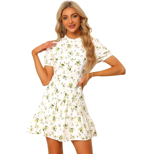 Vestido Por Encima De La Rodilla De Verano Con Gradas Y Elegante Floral Para Mujer Blanco XS