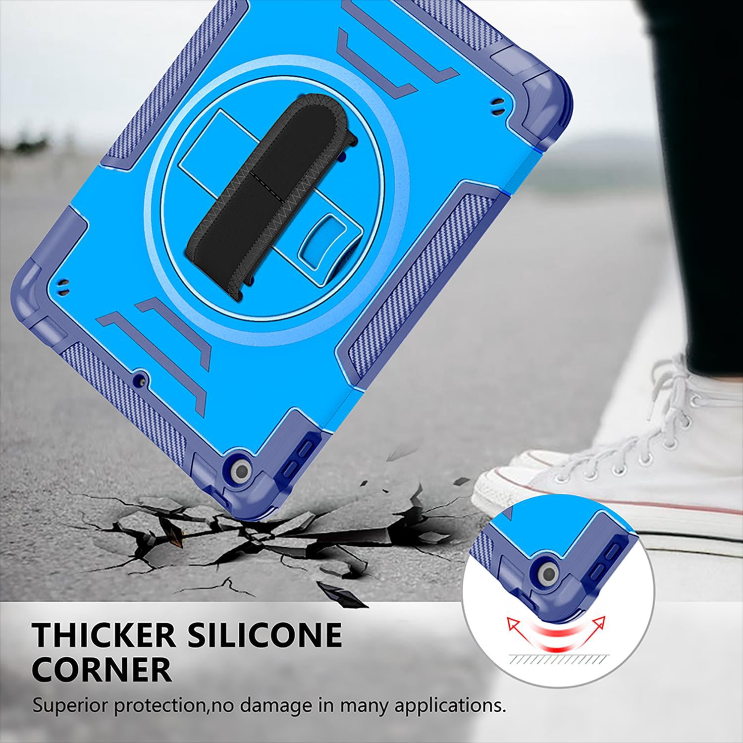 Shockproof Case for Apple iPad 6th 5th Generation, with Pencil Holder Military Grade Protection Rotating Stand Hand Strap Shoulder Strap Bumper Rugged Case for iPad 6th 5th Gen 9.7", Blue