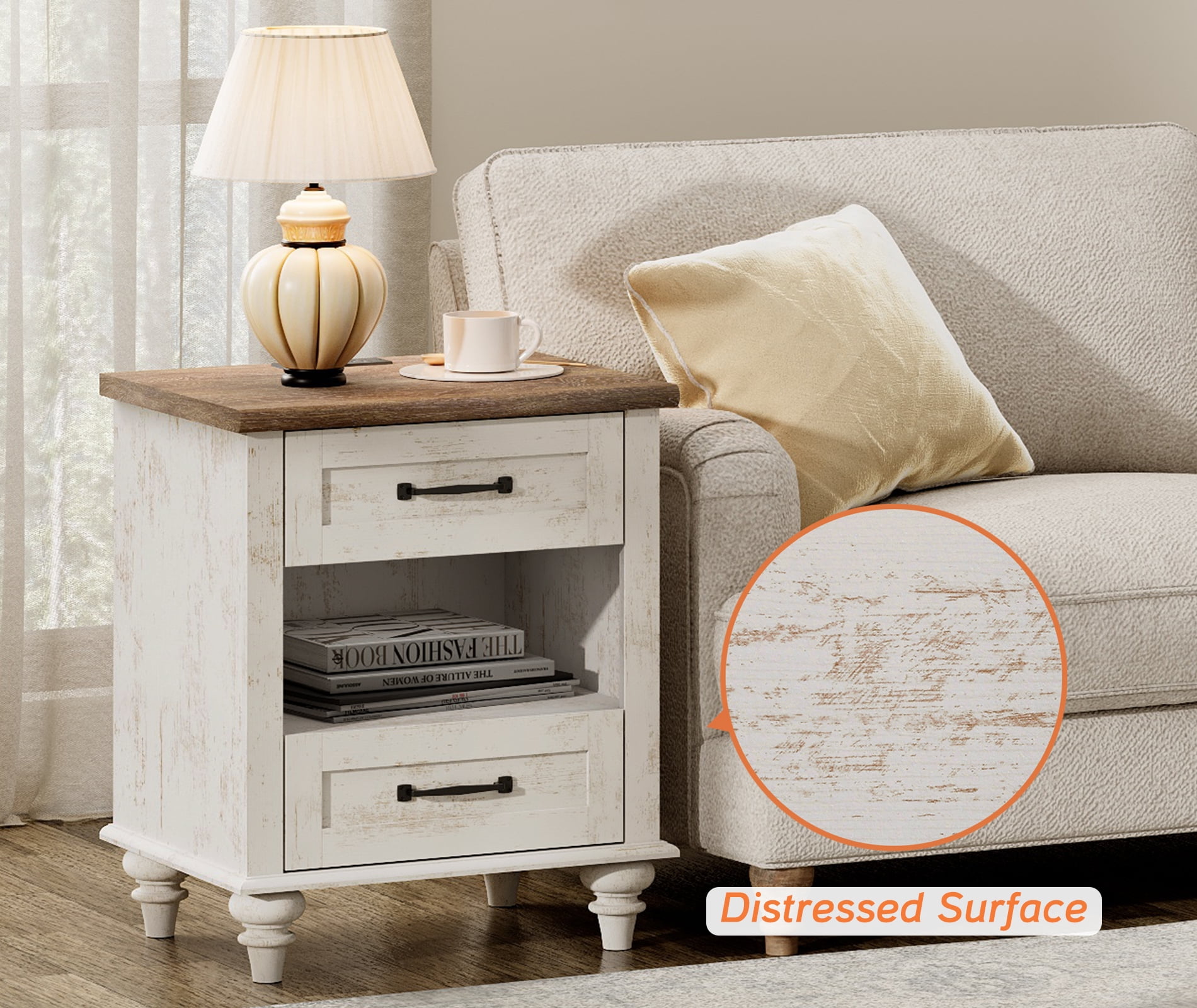 Side Table with 2 Drawers & Open Shelf, Farmhouse End Table with Charging Station, Wooden Nightstand for Bedroom & Living Room, Antique White
