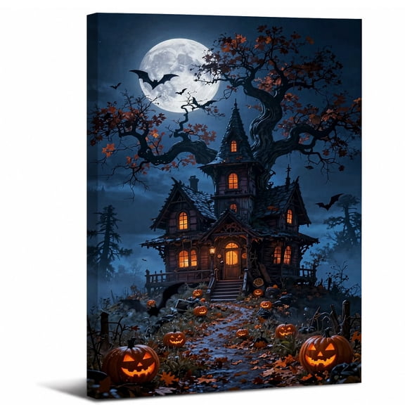 Framed Haunted House Canvas Wall Art,Lantern Pumpkin Path Full Moon abstract canvas print for bathroom bedroom living room decor,8x12in