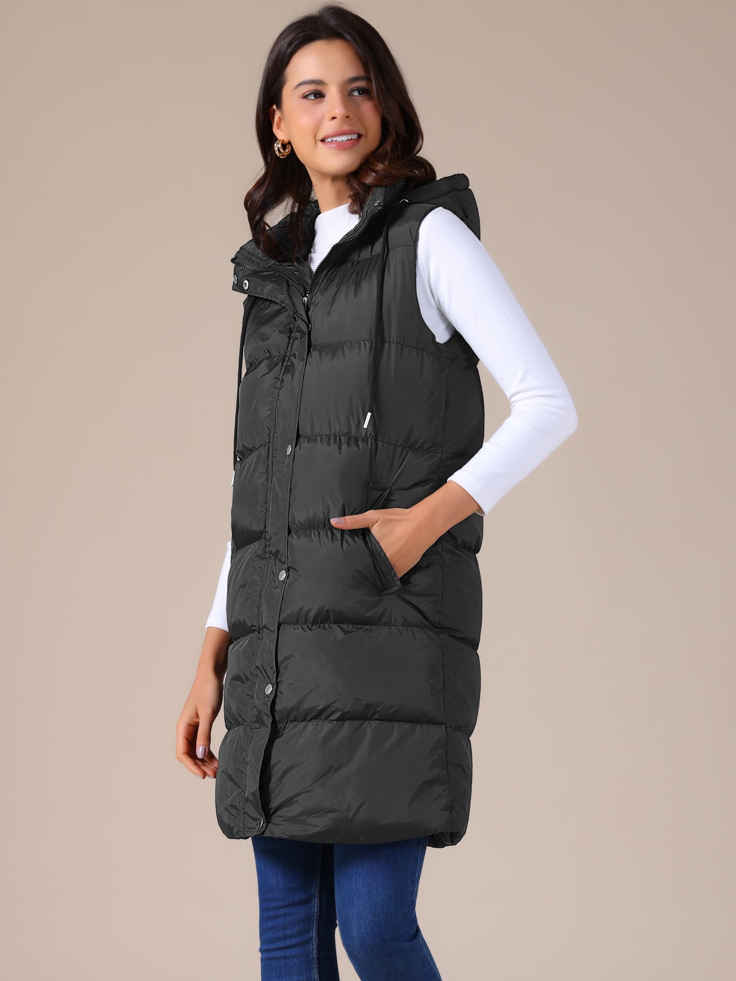 DARING DIVA Women's Long Puffer Vest Casual Sleeveless Hooded Down Jacket S Black