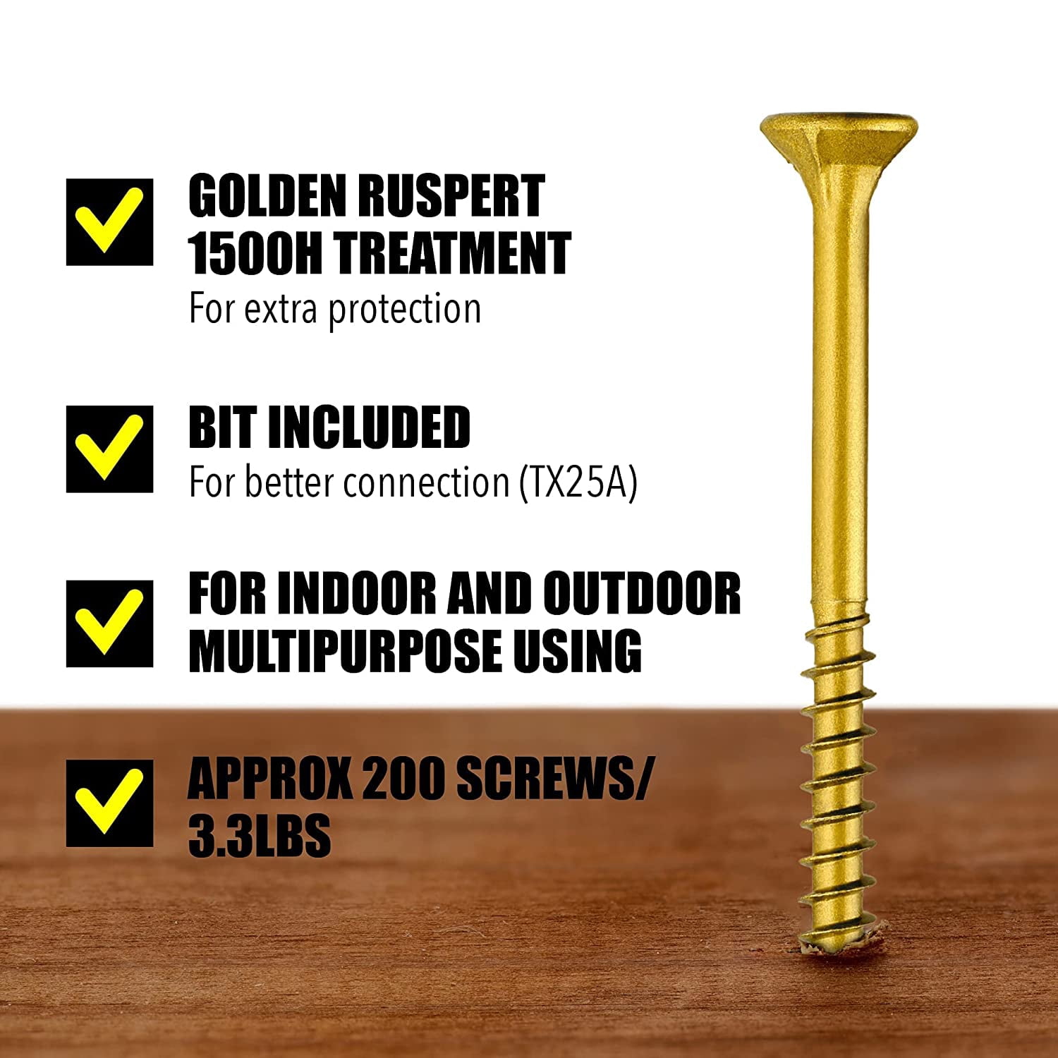 Grindy Deck Screws #10 x 3’’ (200pack/3.3LBS) - Self Drilling Wood Screws I T25 Star Drive I Bit Included