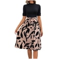 thumbnail image 2 of Women's Color Block Dress High Neck Short Sleeve Casual Office Comfort Dresses Khaki L, 2 of 6