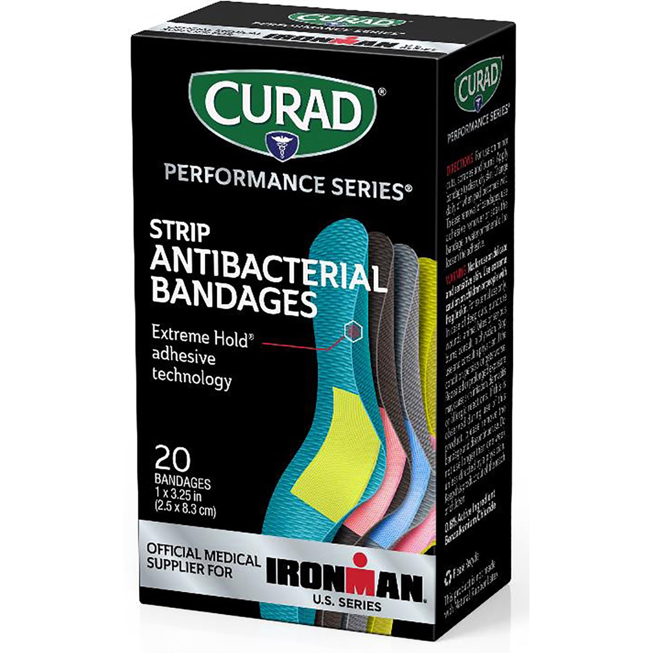 Curad Performance Series Ironman Antibacterial Fabric Bandages, Extreme Hold Adhesive Technology, 1" x 3.25", 20 Count