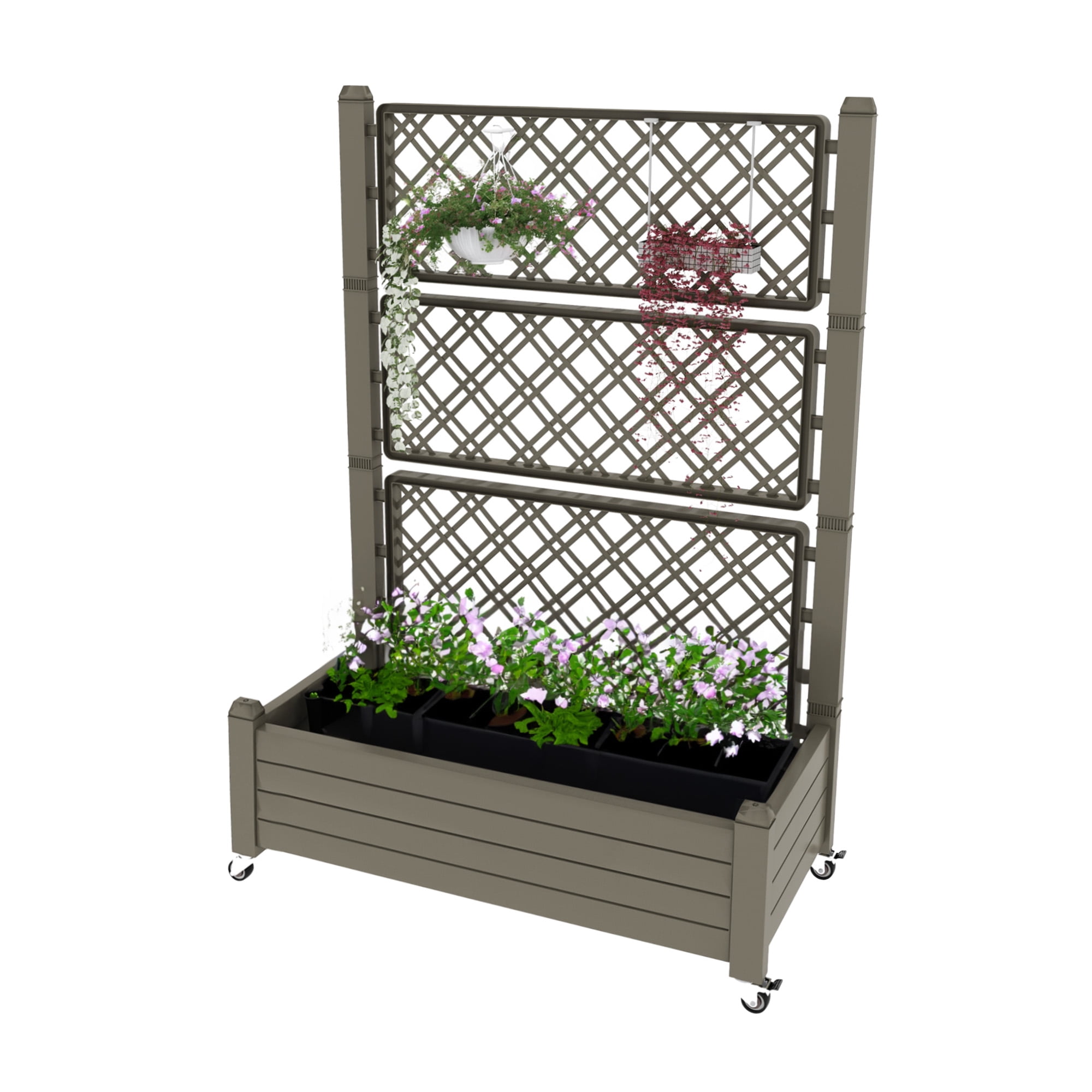Uforic Large Planter Box Trellis, Outdoor Raised Garden Bed with Drain Plug and Lockable Wheels,for Climbing Plants, 3.6x1.5x5 FT-Light Brown