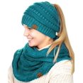 thumbnail image 3 of C.C BeanieTail Messy High Bun Cable Knit Beanie and Infinity Loop Scarf Set, Teal Metallic, 3 of 4