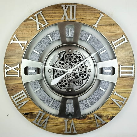 THE GEARS CLOCK Wall Clock with Real Moving Gears EN-LI_ 36 in Round Wood-Stone