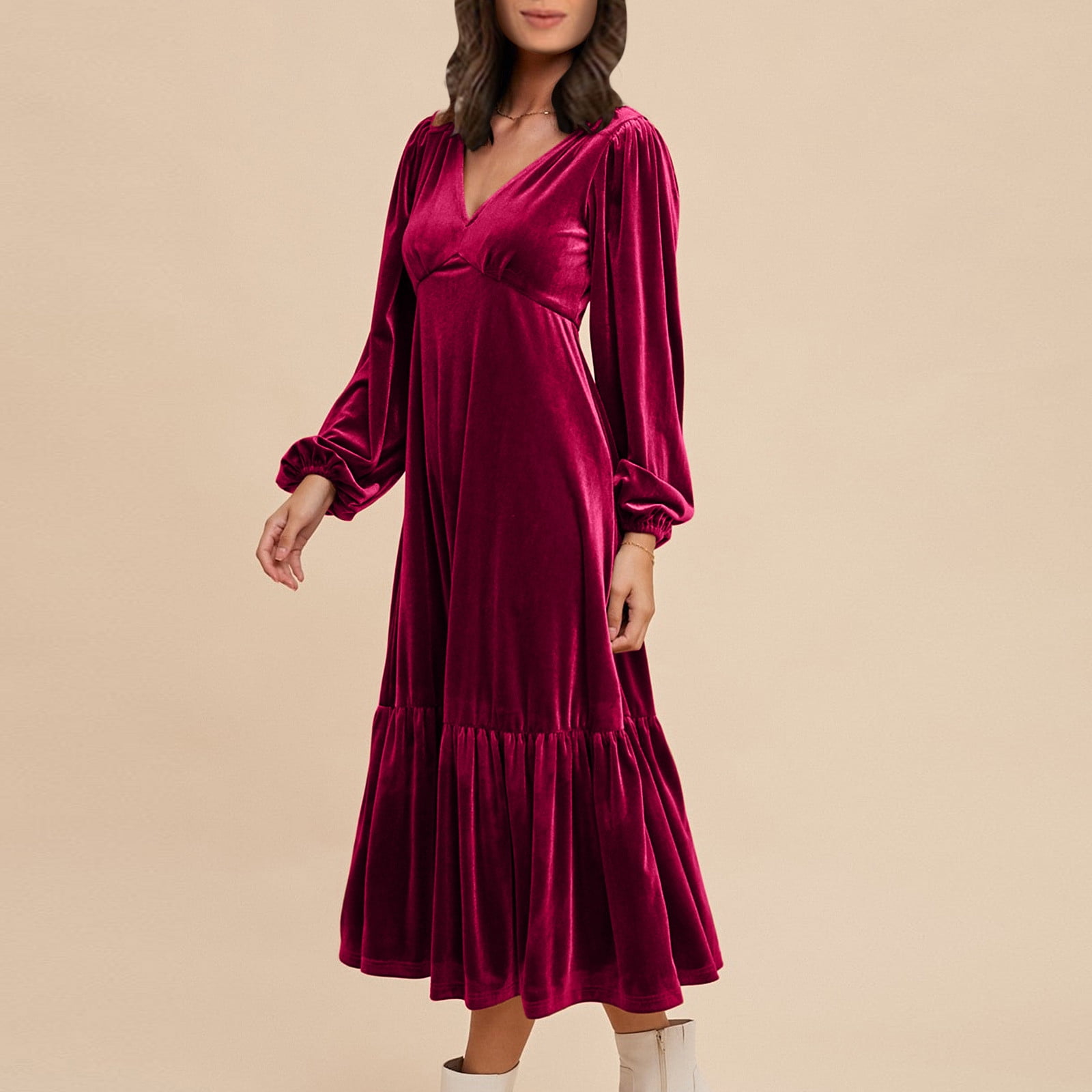OSFVNOXV Maxi Dresses for Women Fall High Waist Lantern Sleeve Velvet Dress V-Neck Bodycon Tiered Flowy Long Cocktail Wedding Dating Dress