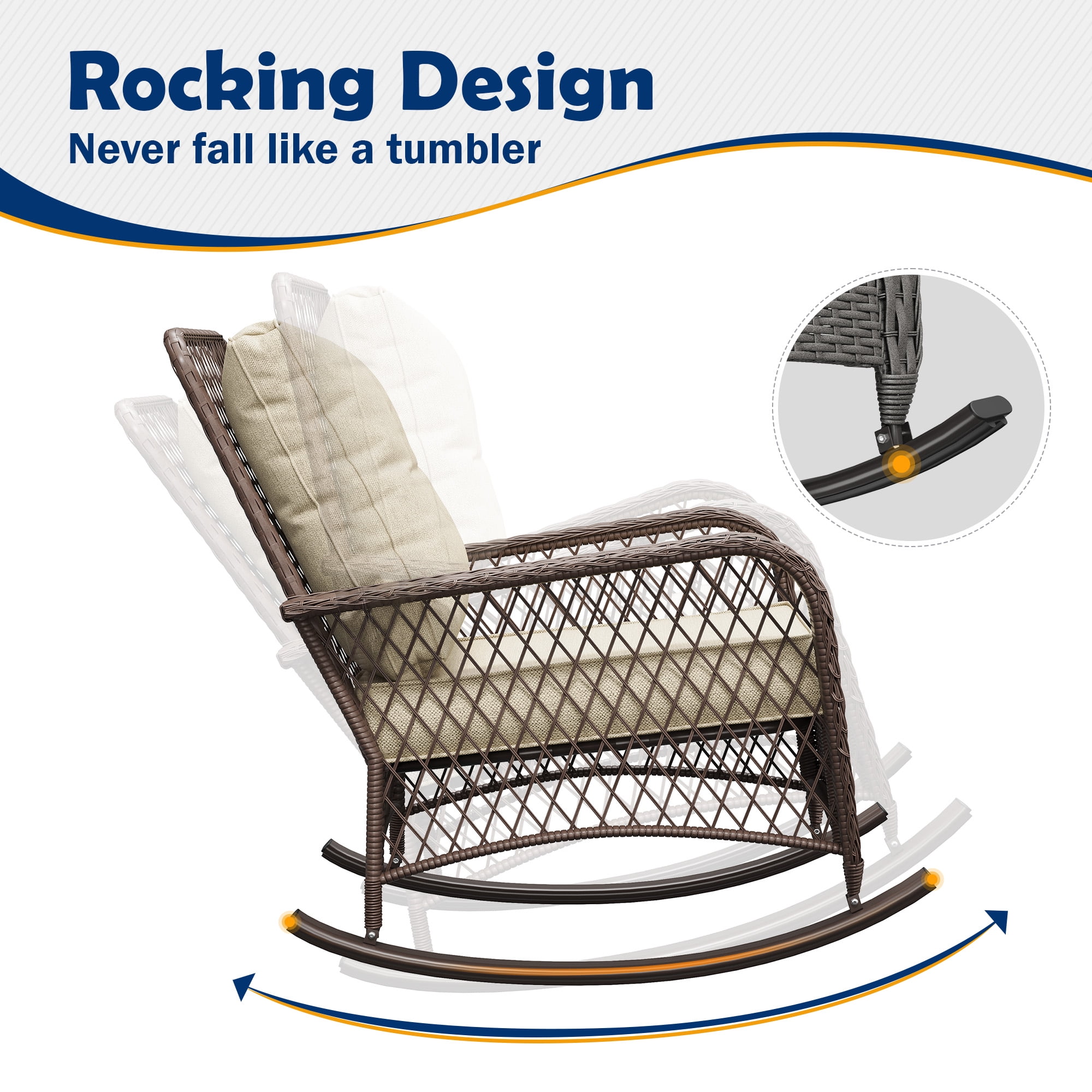 ELPOSUN 3-Piece Outdoor Rocking Chairs, Wicker Patio Furniture with Thickened Cushions and Table for Porch(Brown & Light Gray)