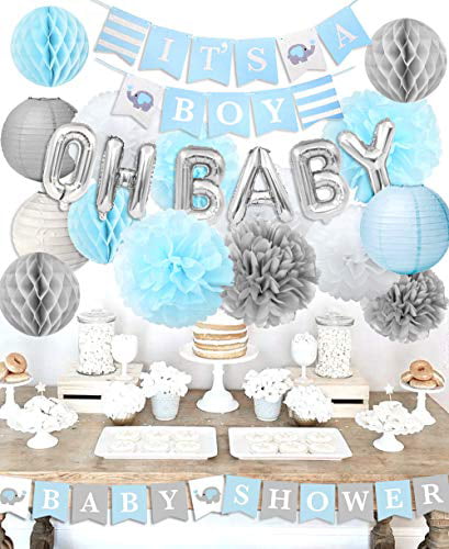Paper Folding Fans and Paper Honeycomb Balls Baby Shower Decoration for Boy Kit by KeaParty Confetti Balloons Its a Boy Banner and Balloons Party Supplies OH BABY Letters Balloons 