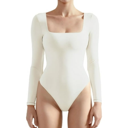 Women Square Neck Long Sleeve Bodysuit Sexy Thong Bodysuit Shirts