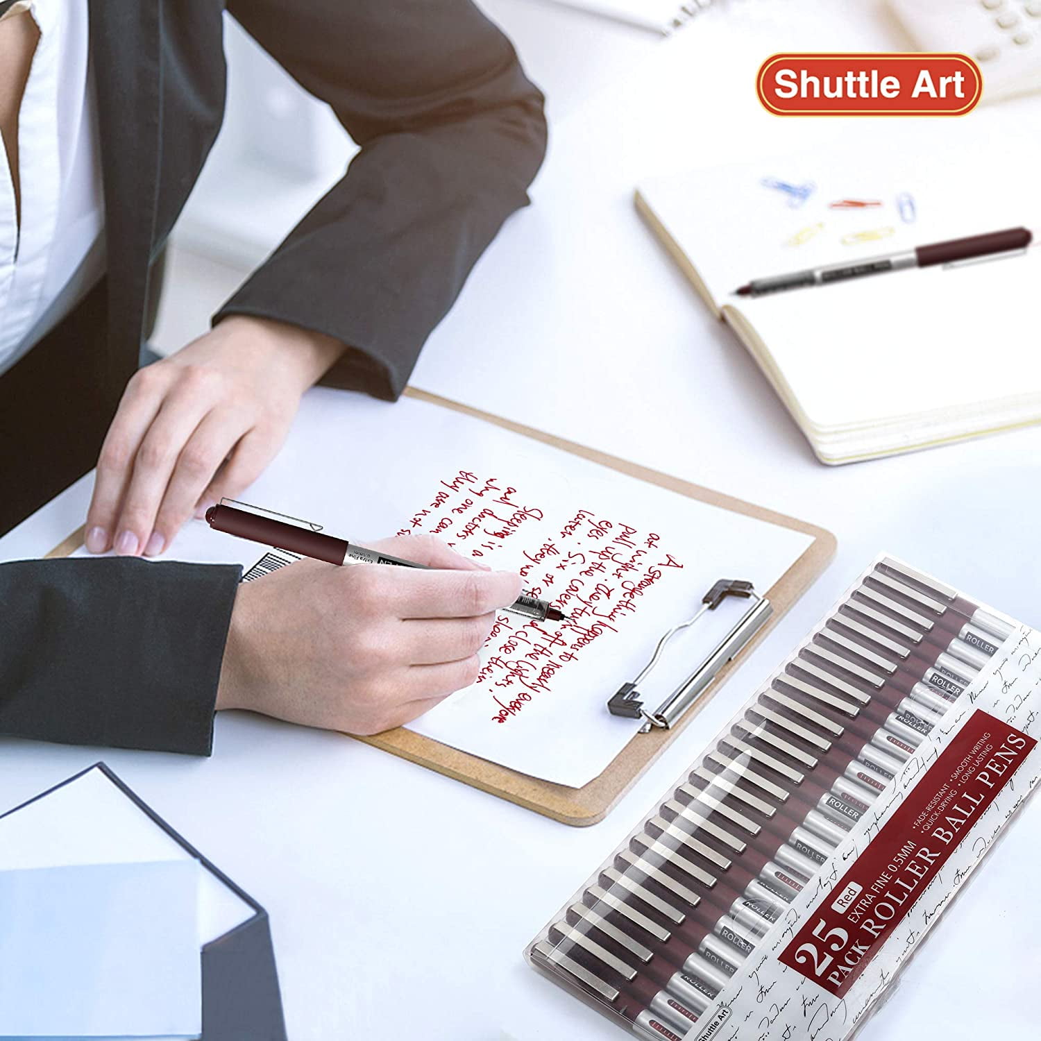 RollerBall Pens, Shuttle Art 25 Pack Red Fine Point Roller Ball Pens, 0.5mm Liquid Ink Pens for Writing Journaling Taking Notes Office
