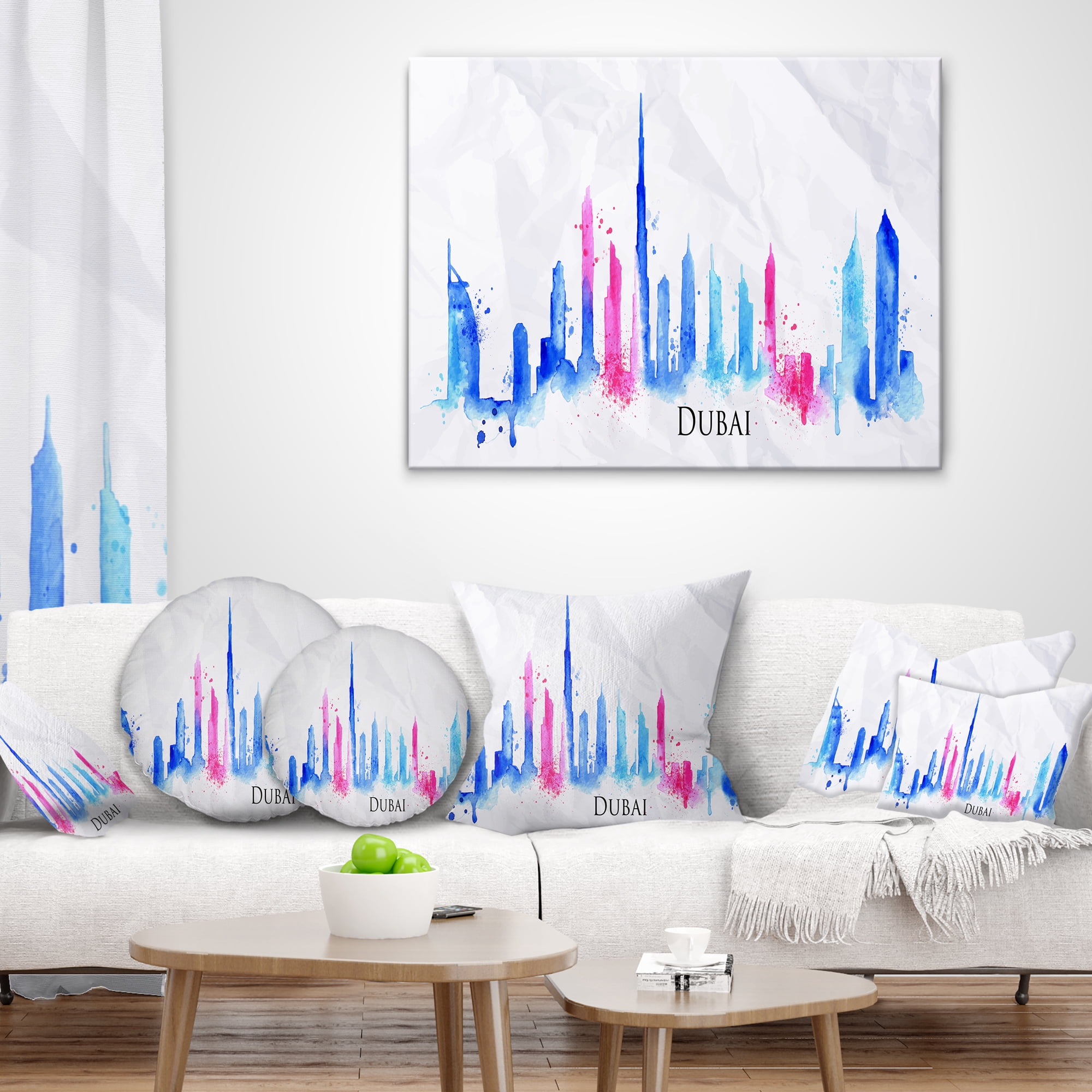 Designart Colorful Dubai Silhouette - Cityscape Painting Throw Pillow - 12x20