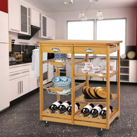 Kitchen Island Shelves - ZENY Wood Rolling Kitchen Island Trolley Cart Storage Shelf Drawers Basket Dining