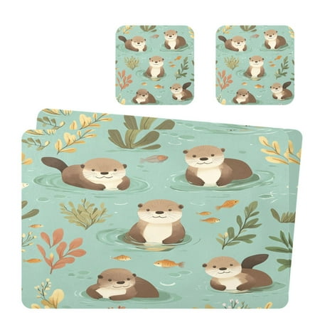 

Wobogo Otter Fish Seaweed Placemats Coasters Set of 2 Heat-resistant Non-slip Easy to Clean Square Dinner Plate Mat