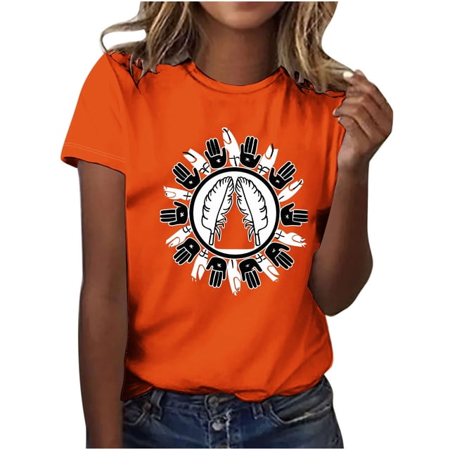 Dadaria Hauts pour Femmes Chemise Orange Manches Courtes T-Shirt Col Rond Été Imprimés de Main Chandail Blouses TG