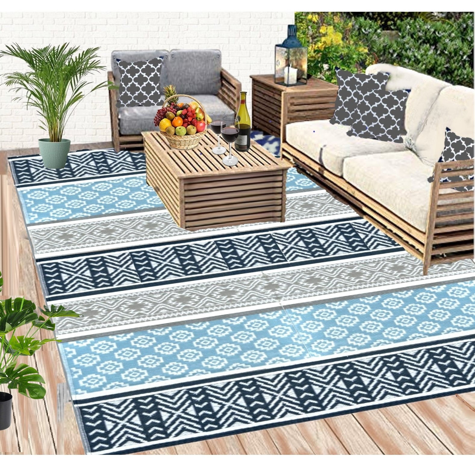 BalajeesUSA Outdoor Plastic straw patio rugs9 by 18 feet. Grey, Teal