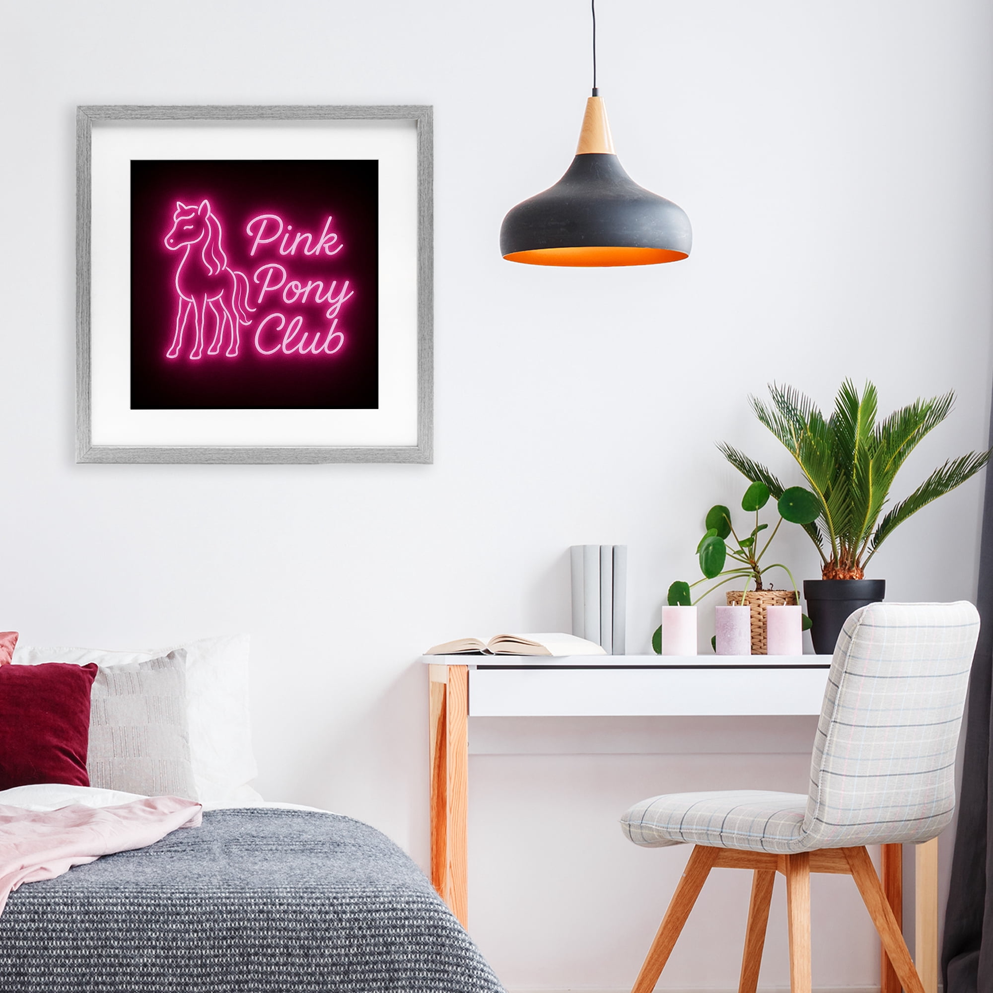Stupell Industries Pink Pony Club Neon Gray Framed Print Under Glass, design by Grotto Studios