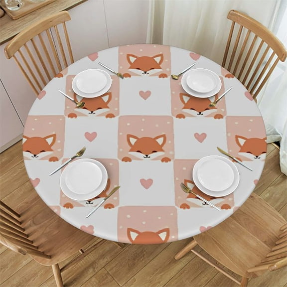 HAOXIT Cute Fox Elastic Edged Fitted Round Tablecloth , Waterproof Oil Proof Polyester Table Cloth Decorative Fabric Table Cover for Dining Table 31"-35