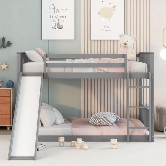 TICOZE Full over Full Bunk Bed with Slide & Ladder, Grey Pine Wood Loft Bed, Low Profile Design with Play Area (Mattress Not Included)