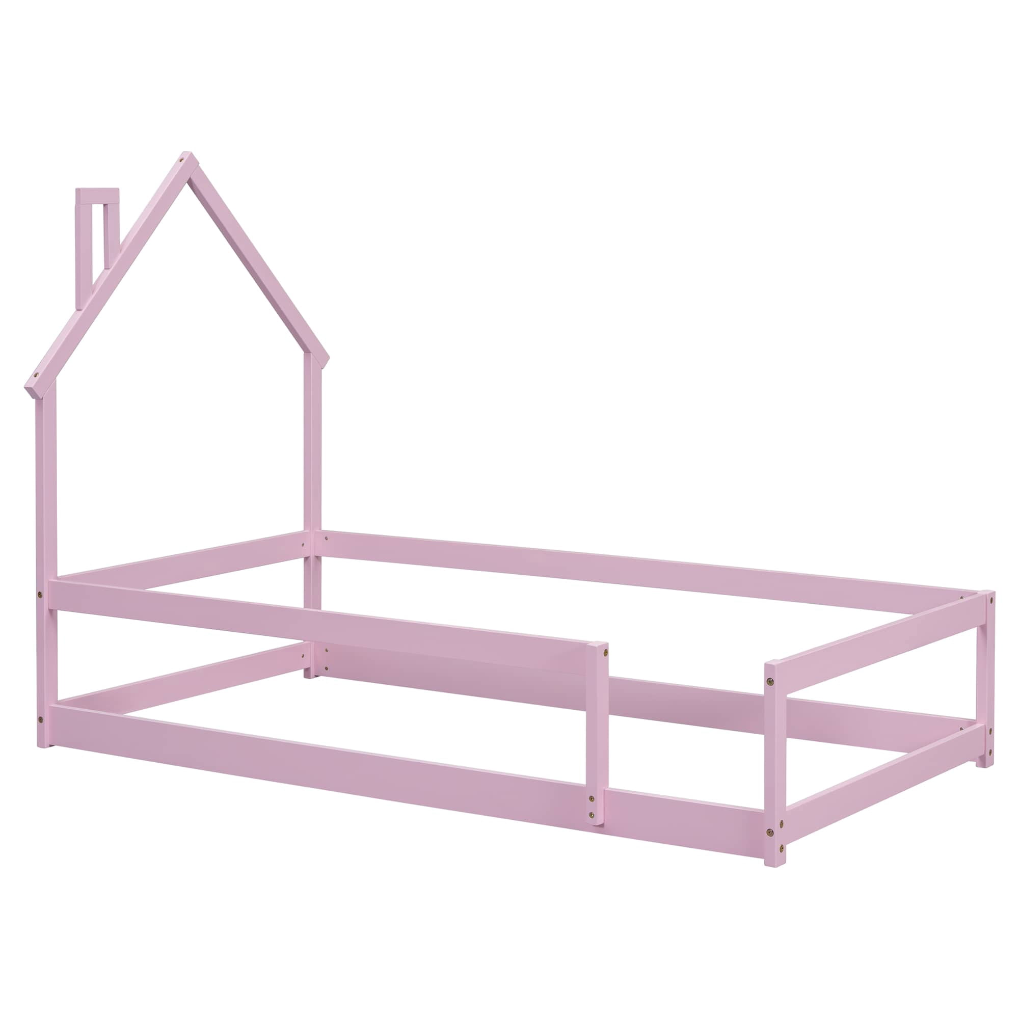 MAYEERTY Twin Size Wood Bed Frame with House-Shaped Headboard with Fences for Adult, Pink