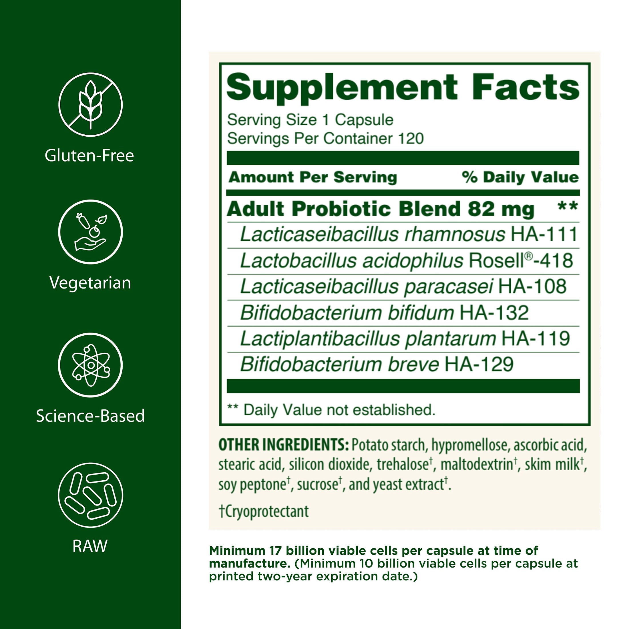 Flora - Adult's Probiotic Blend, Six Adult-Specific Strains, Gluten Free, Raw Probiotic with 17 Billion Cells, 120 Vegetarian Capsules