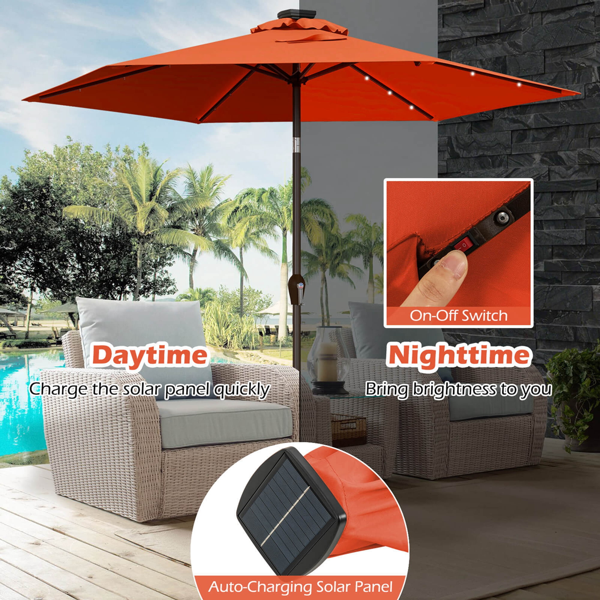 Costway 9' Orange Hexagon Market Patio Umbrellas, Water-Resistant