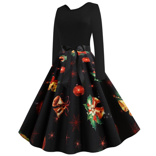 Moda mujer otoño Navidad cuello redondo estampado suelto cómodo vestido de manga larga Fridja nbo2017