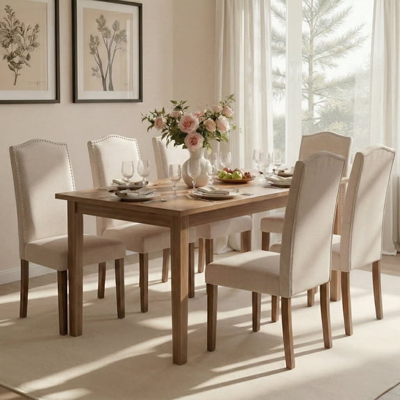 Snugway Dining Chair Beige Upholstered Parson Chair with Nailhead Trim, Set of 6