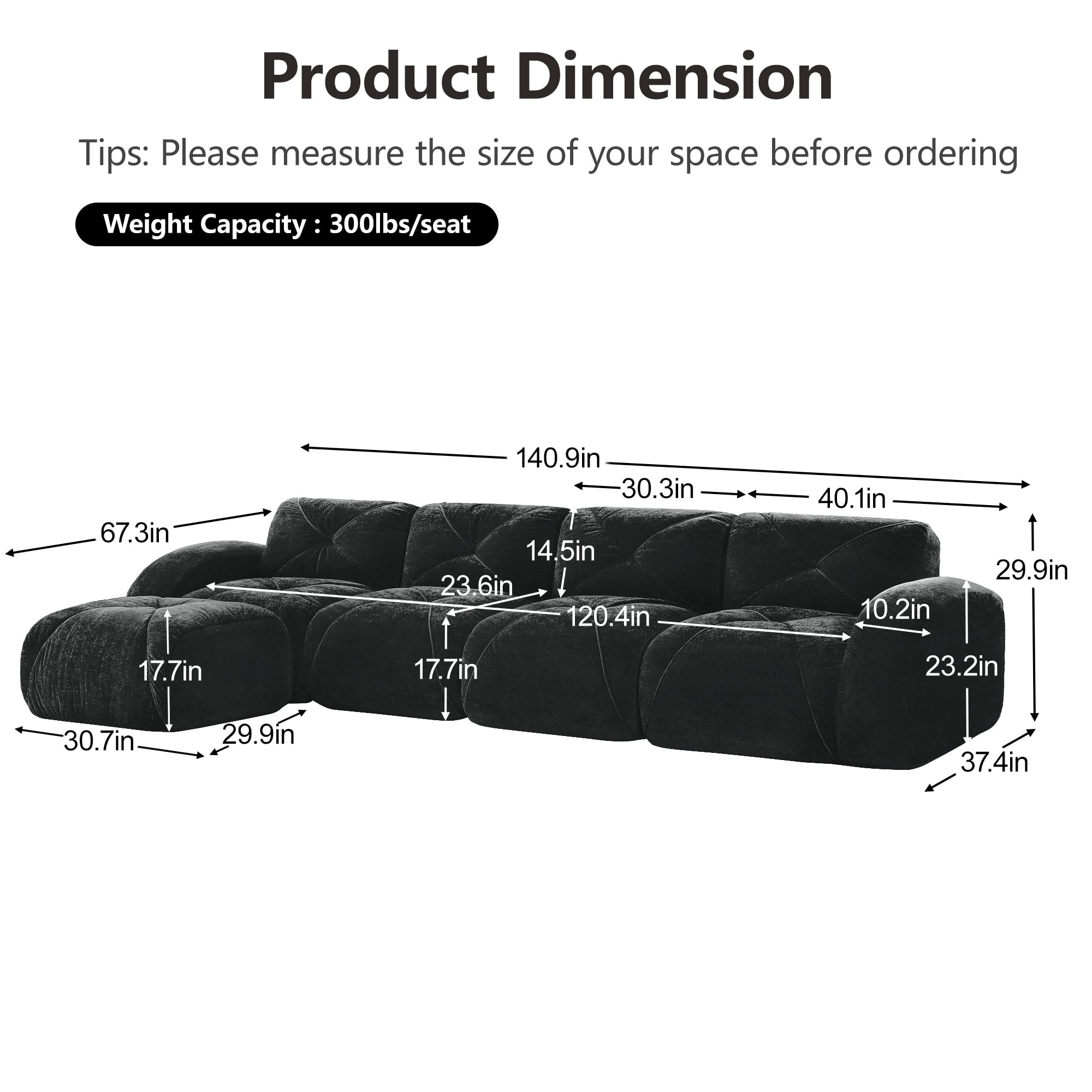 AISWORD 140" 4-Seat L-Shaped Modular Sectional with 1 Ottoman, Ultra-Soft Boneless Sectional with 32D High-Density Foam & Anti-Slip Bottom, No Assembly Required