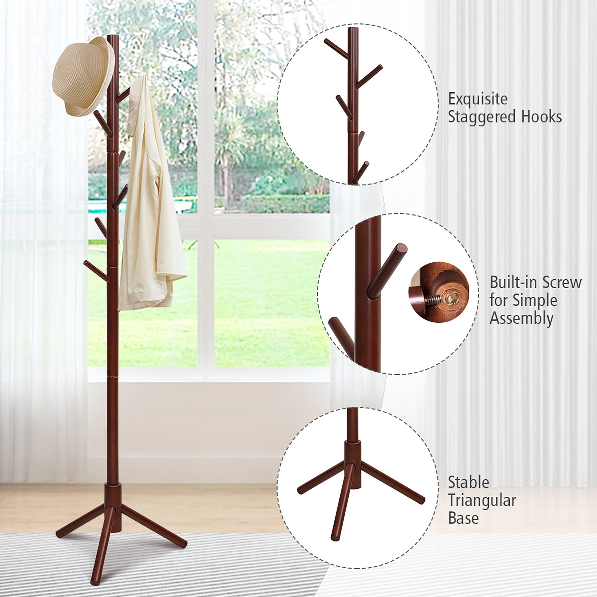 Costway Wooden Coat Rack Stand Entryway Hall Tree 2 Adjustable