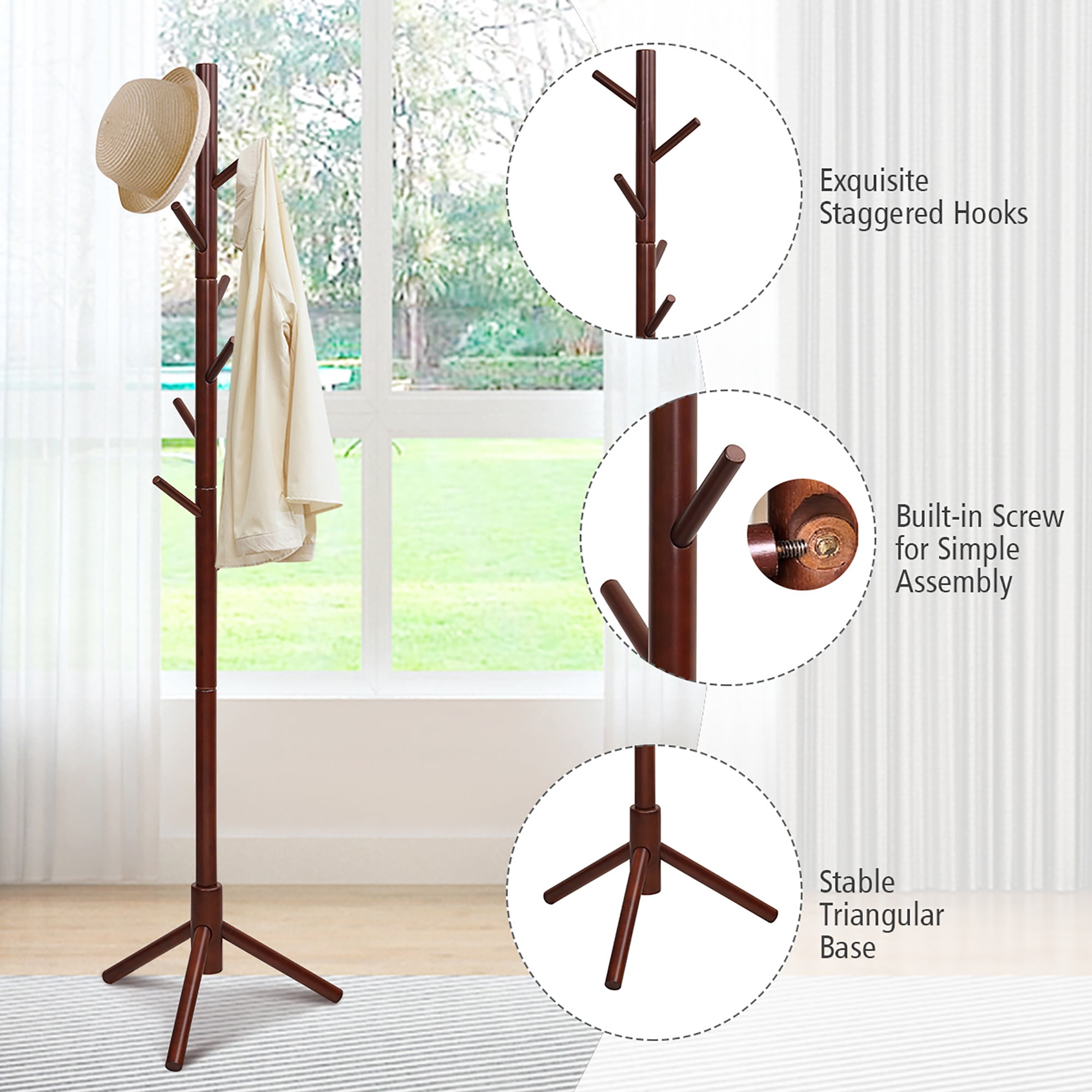 Giantex Wooden Coat Rack Standing Coat Tree w 2 Adjustable Height Hanger Stand w 8 Hooks for Clothes Hats Bags Umbrellas in Home Office Walnut Walmart