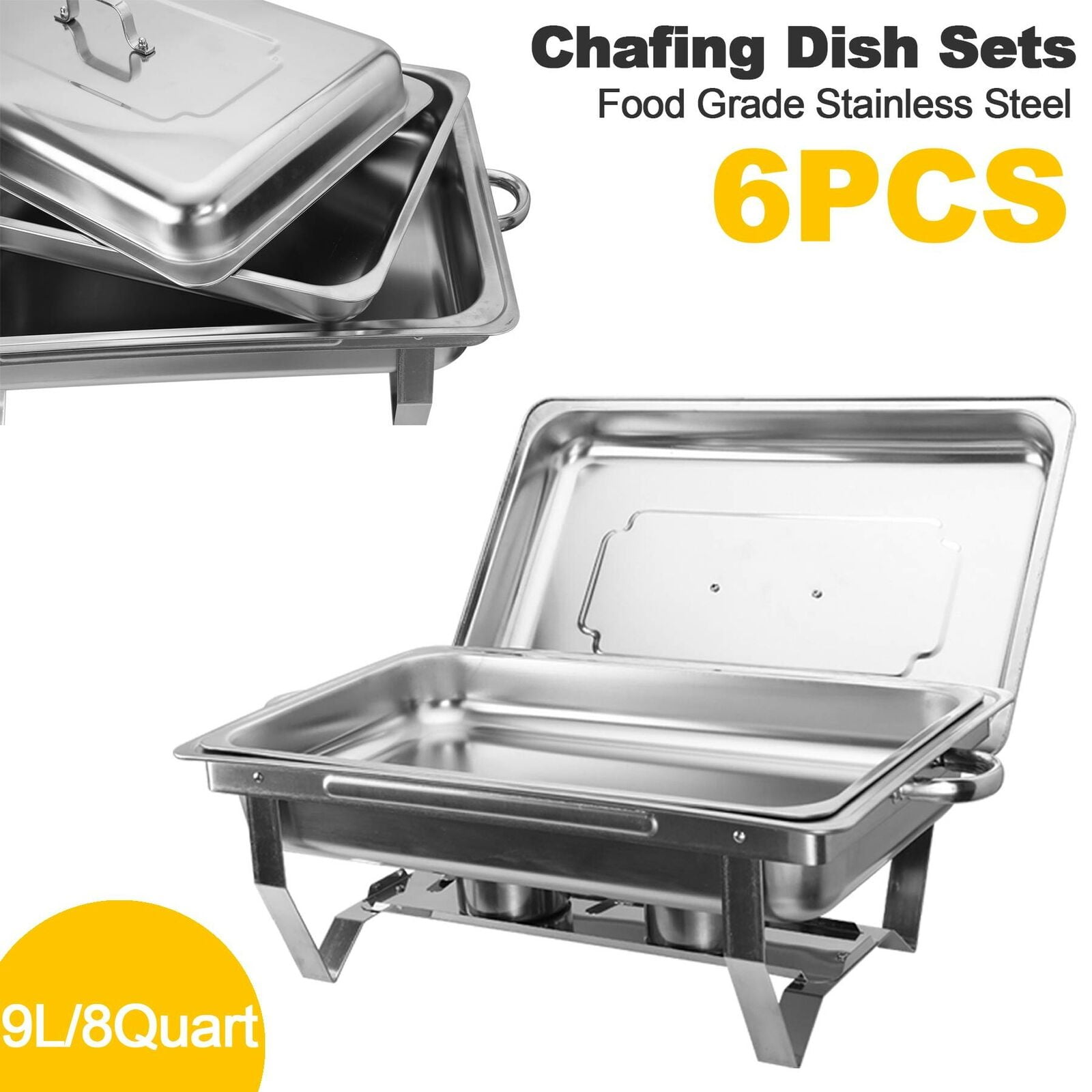 PACK OF 2 STAINLESS STEEL CHAFING DISH SETS WITH 9L FOOD PANS FUEL SPOONS 